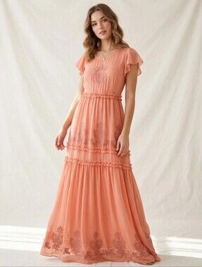 Boho Embroidered Long Sheer Cottagecore Ruffled Maxi Dress